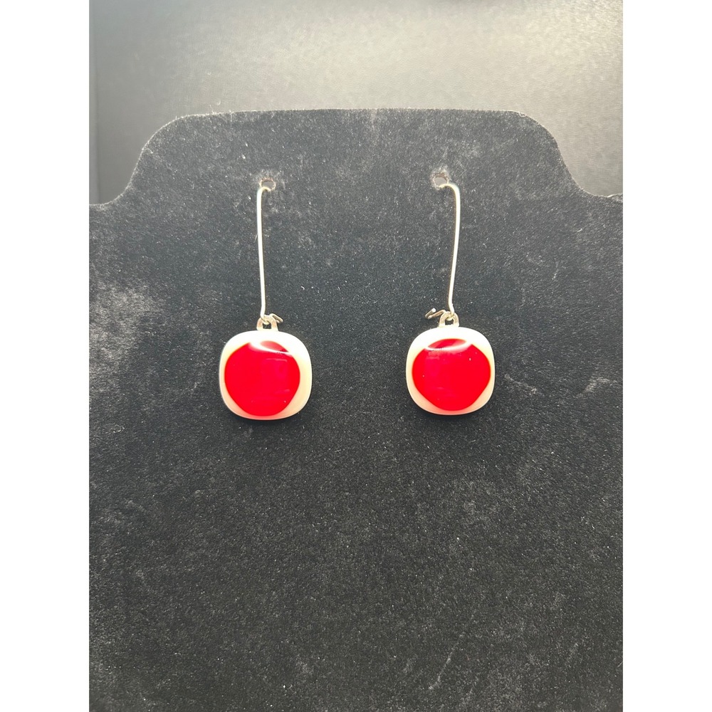 Artisan Red & White Studio Glass Dangle Earrings | Glass Artist Jewelry